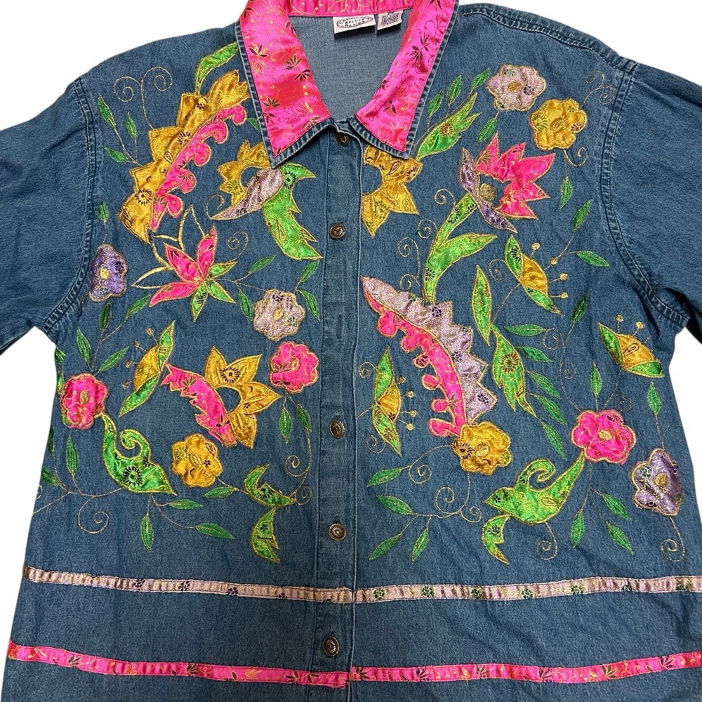 Carolina Blues Plus Denim Jacket 20W Embroidered Floral Boho Pink Collar - Picture 4 of 16